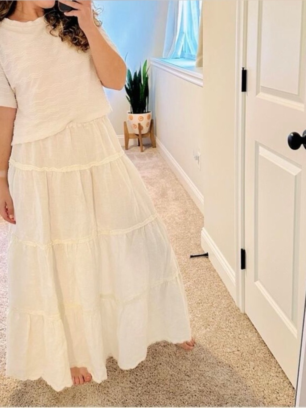 Vintage CP SHADES Cream White Metallic Linen Tiered Maxi Skirt XL
